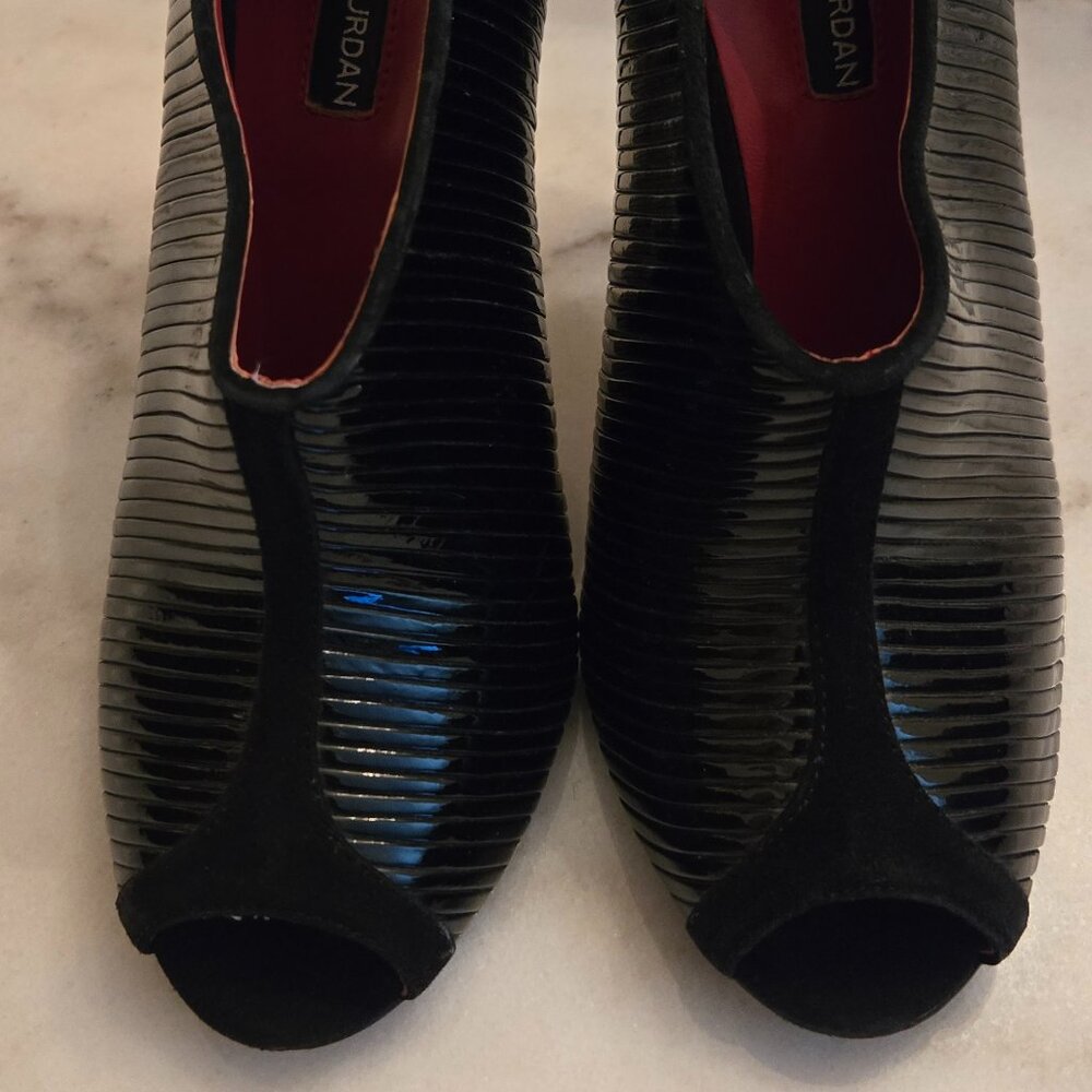 Charles Jourdan "Amanda" Black Patent Leather Peep-Toe Stiletto Booties